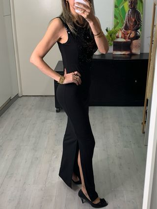 Vestido largo elástico negro con lentejuelas