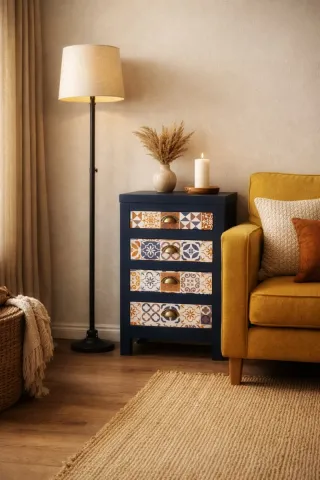 Mesita auxiliar antracita con cajones decorados