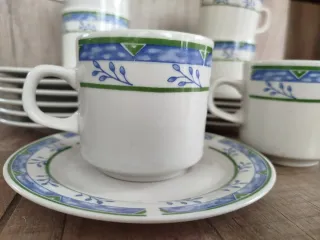 Juego 6 tazas y platos porcelana + 6 platos postre