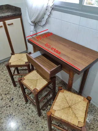 Mesa de cocina madera 80x70cm + 3 taburetes