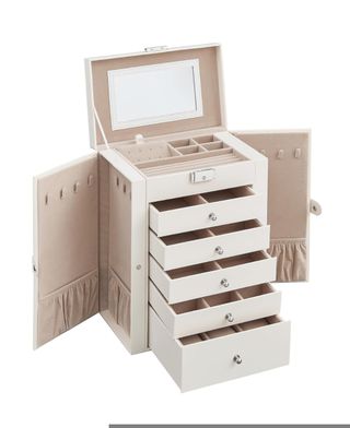 SONGMICS Caja Joyero de 6 Niveles, Navidad, Caja para Joyas con 5 Cajones, Gran Espacio, Interior con Espejo, Cerradura, Almacenaje de Joyas, Regalo para Seres Queridos, para Relojes, Blanco JBC152W01