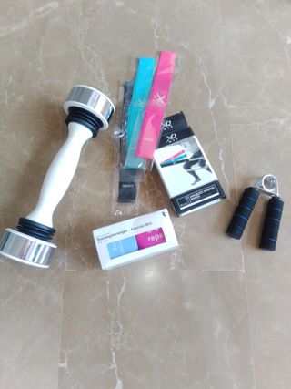 Lote Fitness: Mancuerna, Bandas, Pinzas, dados gym
