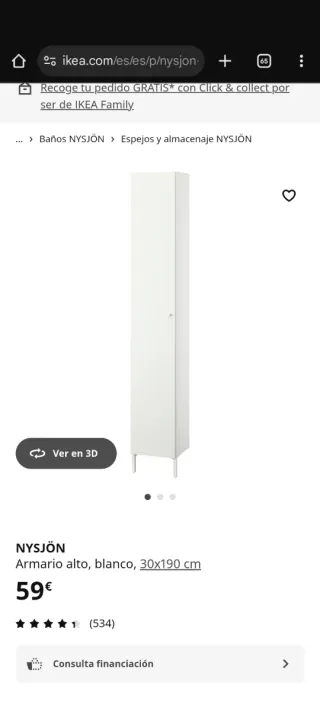 Armario Alto Ikea NYSJÖN Blanco 30x190 cm