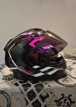 Casco Moto Nero Rosa Visiera Viola