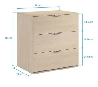 Cómoda 3 cajones Roble/ 80x77x38cm