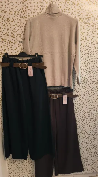 Conjunto jersey y pantalón beige/rosa,