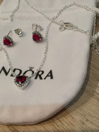 Conjunto Pandora Corazón Rojo y Plata