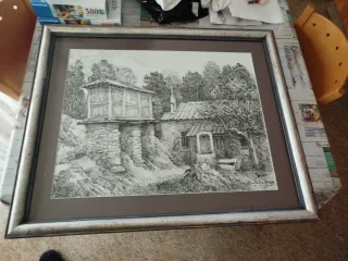 Cuadro Carbón Paisaje Pueblo Piedra