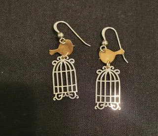 Pendientes jaula pájaro plata y oro