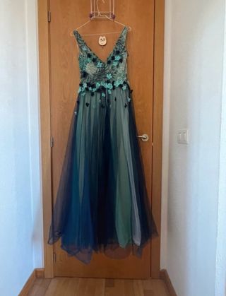 Vestido largo fiesta azul y verde