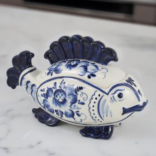Salsera GZHEL Pez Porcelana Rusa Cobalto