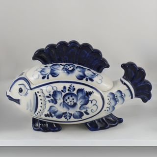 Salsera GZHEL Pez Porcelana Rusa Cobalto