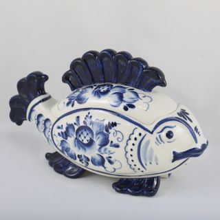 Salsera GZHEL Pez Porcelana Rusa Cobalto