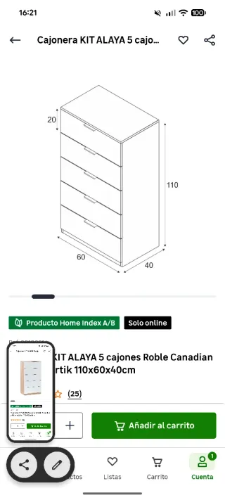 Cajonera de 5 cajones – Roble y Blanco (110x60x40)