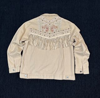 Chaqueta vaquera boho beige flecos XL mujer