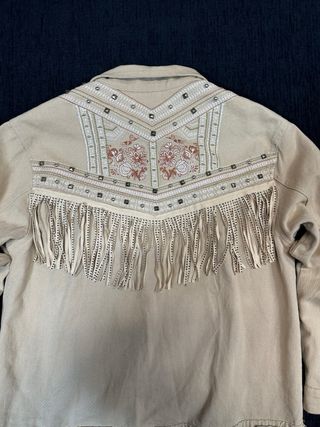 Chaqueta vaquera boho beige flecos XL mujer