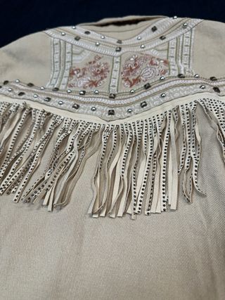 Chaqueta vaquera boho beige flecos XL mujer