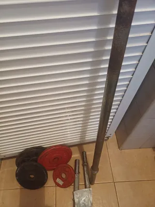 Set de gimnasio: Barra, mancuernas y discos