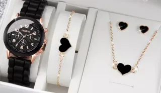 Conjunto de reloj collar y pendientes corazón negr