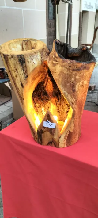 Lámpara artesanal madera y cristal