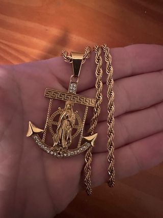 Medalla Virgen Ancla Chapado Oro y cordón 60cm