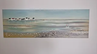 Cuadro al óleo paisaje playa en tonos pastel.