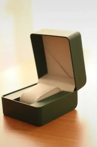 Caja para reloj verde y beige.
