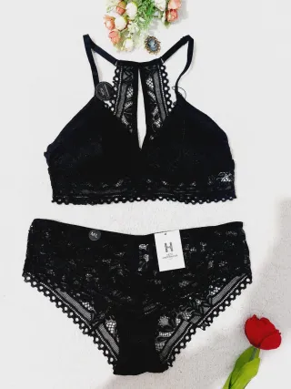 Conjunto Lencería Encaje Negro Talla M