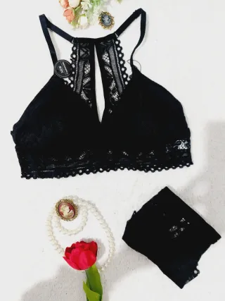 Conjunto Lencería Encaje Negro Talla M