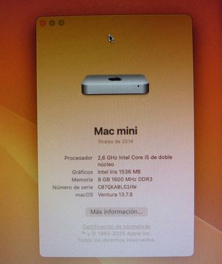 Mac Mini A1347 finales 2014 i5 8GB 1TB OS 13
