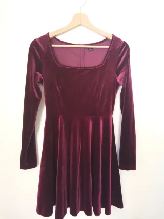 Vestido Terciopelo Granate Escote Cuadrado Manga L