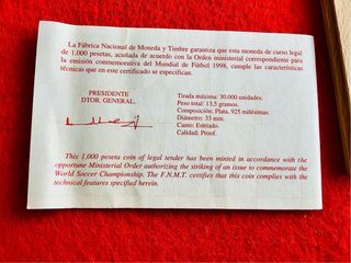 1000 PESETAS. PLATA. MUNDIAL 98. FNMT. NUMERADA.