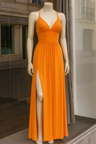 Vestido largo naranja con abertura, para fiesta