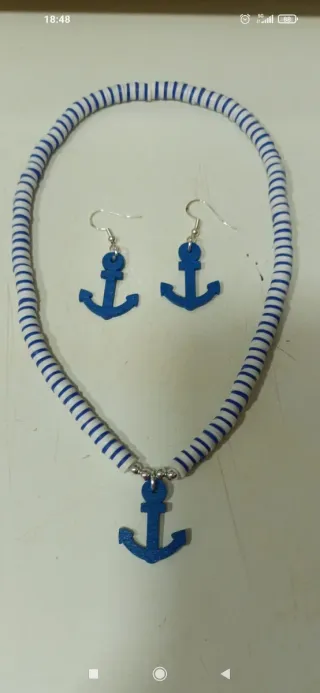 Conjunto collar y pendientes ancla azul