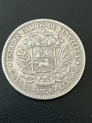 5 Bolivares  Plata 900/1000 Venezuela 1936