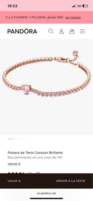 Pulsera Pandora Corazón Brillante Rosa Oro