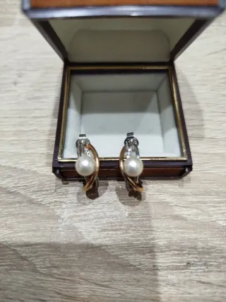 Pendientes aro perla oro y plata,circonitas
