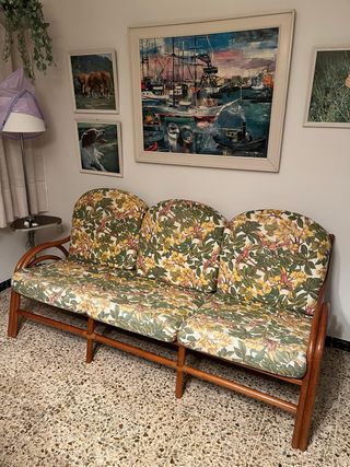 Divano Vintage 3 posti in legno e tessuto