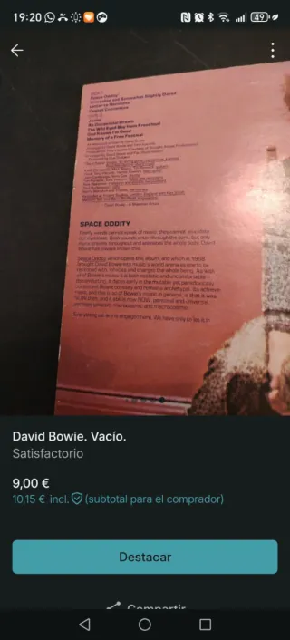 Vinilo David Bowie. Carátula vacía