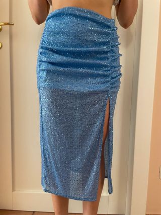 Falda midi lentejuelas drapeada azul Zara Talla S