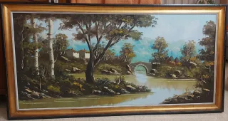 Cuadro antiguo paisaje río puente