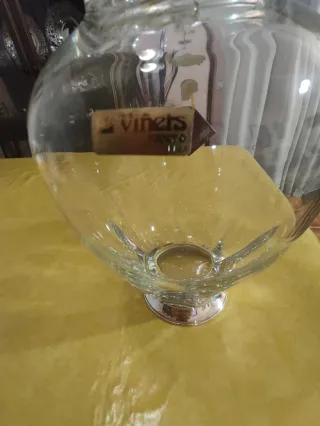 Jarrón Cristal Grueso Tallado Plata Ley 925