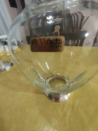 Jarrón Cristal Grueso Tallado Plata Ley 925