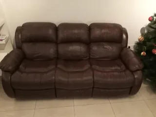 Sofá 3 plazas cuero marrón asientos reclinables