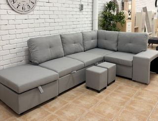 Sofá Cama Rinconera Gris con Puffs