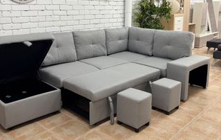 Sofá Cama Rinconera Gris con Puffs