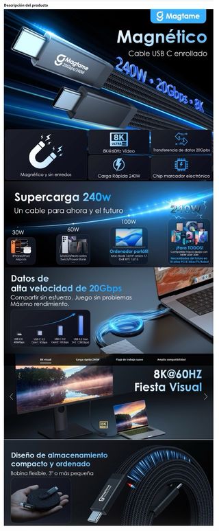 NUEVO! Cable USB-C 240W Magnético Enrollado
