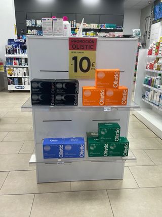 Góndola para Farmacia de Madera y Estantes Vidrio