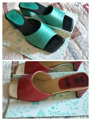 MULES VINTAGE EN PIEL ROJA Y TURQUESA 8€/U