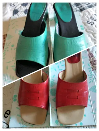 MULES VINTAGE EN PIEL ROJA Y TURQUESA 8€/U
